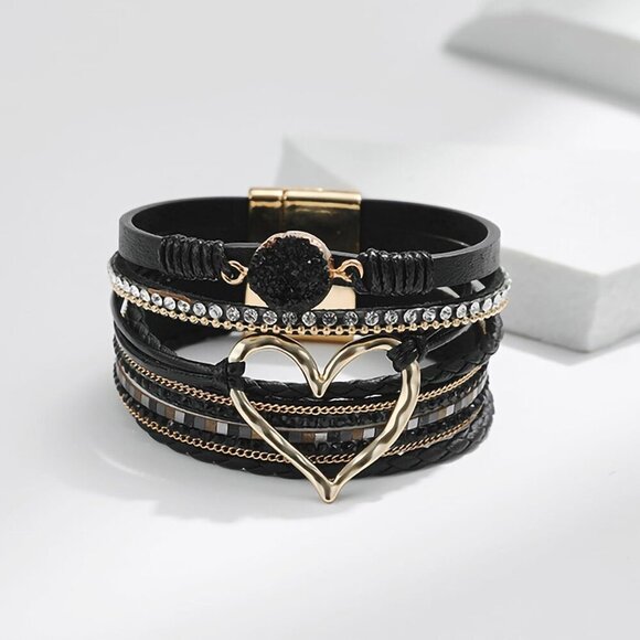 Leopard Bracelet for Women, Boho Leather Wrap Multi-Layer Pearl Crystal Bracelet - Picture 4 of 7